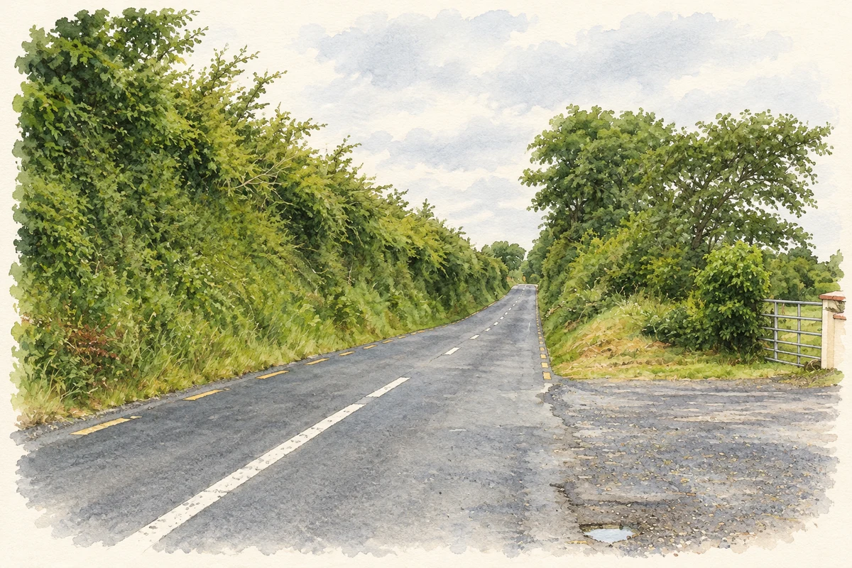 Watercolour and fine ink illustration of The R320 near Murneen, as photographed in July 2014.
