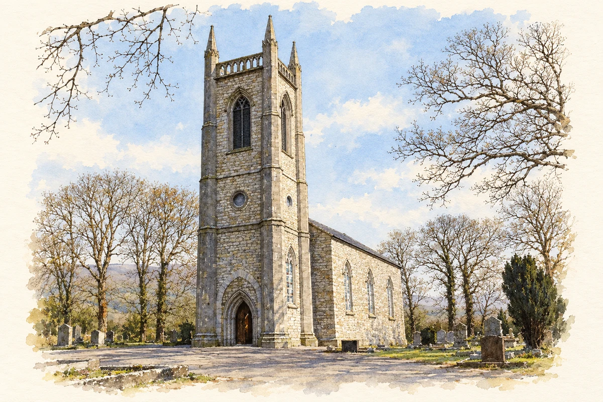Watercolour and fine ink illustration of Saint Columba’s Church, Drumcliff, as photographed in2003.