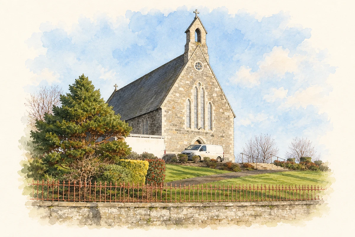 Watercolour and fine ink illustration of St Patrick and St Joseph's Church, Ballykinler, County Down.