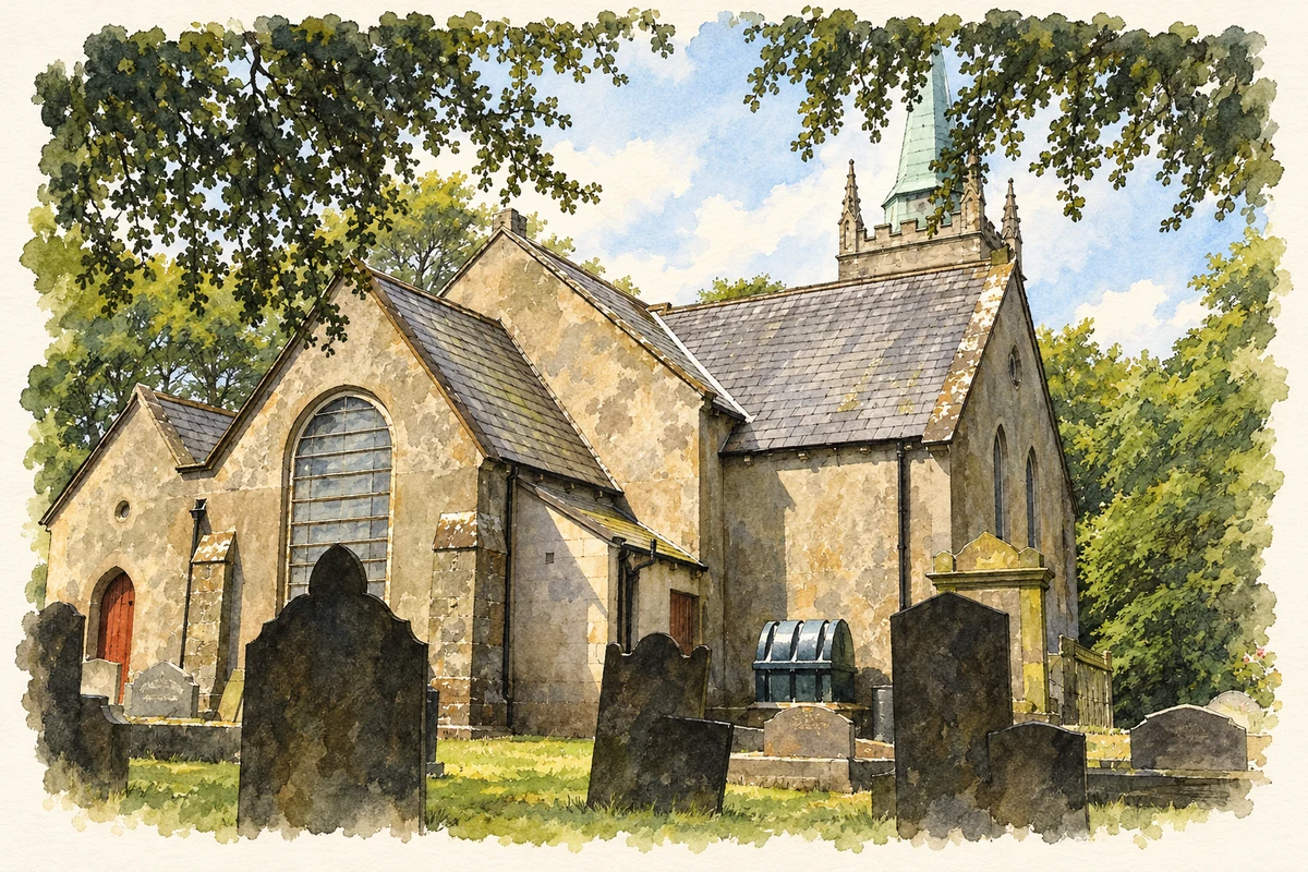 Watercolour and fine ink illustration of Seaforde Church of Ireland parish church, County Down, viewed from the rear.