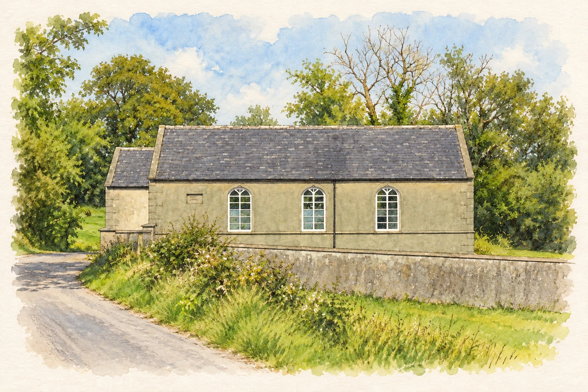 Watercolour and fine ink illustration of Cargagh Chapel (St Patrick's), Ballyculter.