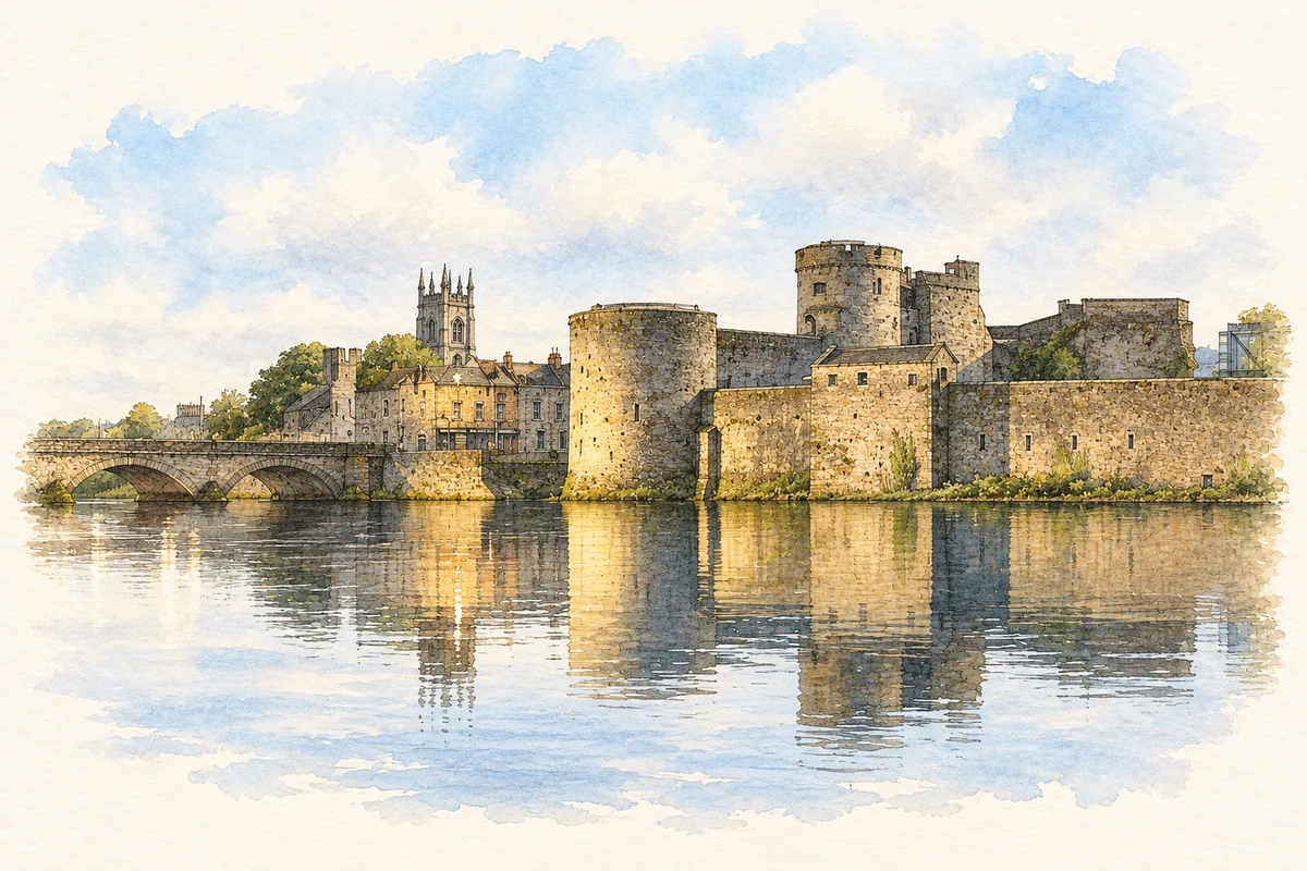 Watercolour and fine ink illustration of King John’s Castle in Limerick.
