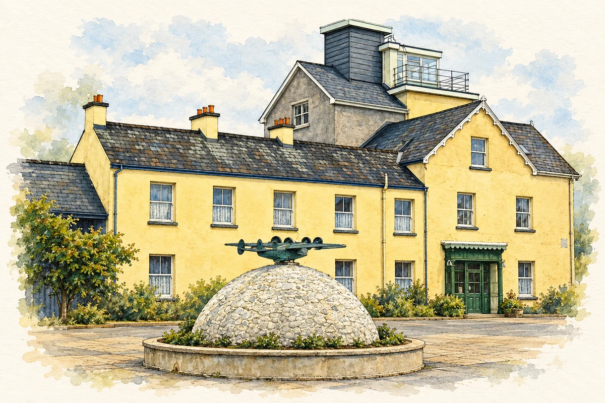 Watercolour and fine ink illustration of Foynes Flying Boat Museum and former terminal building.