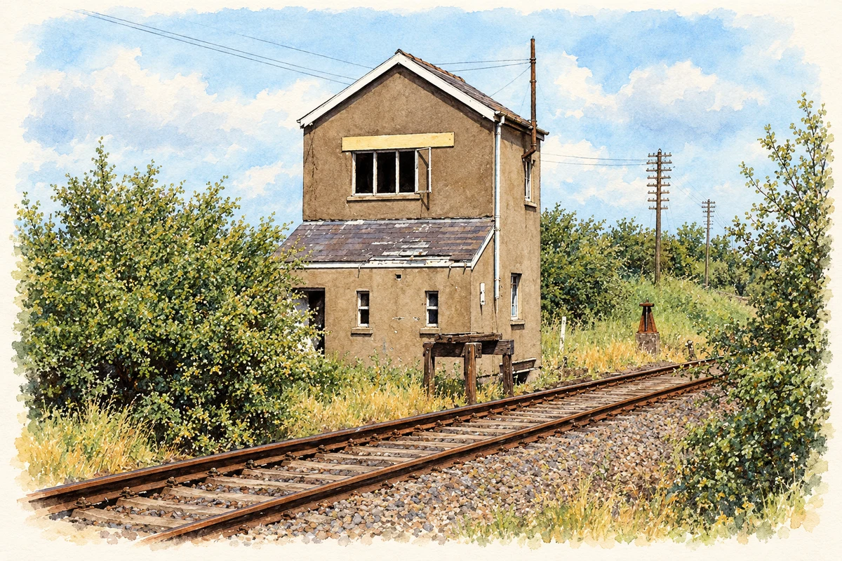 Watercolour and fine ink illustration of Ballyboyland signal cabin, Ballyboylands, County Antrim, in 1983.