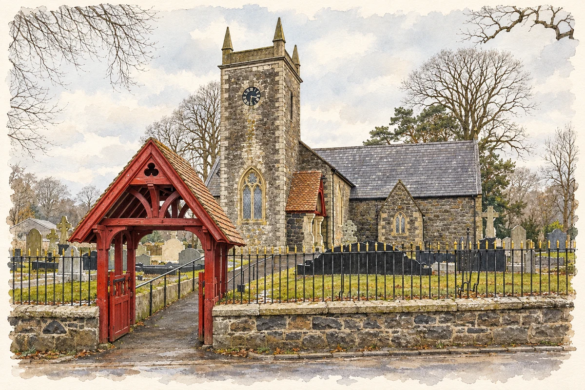 Watercolour and fine ink illustration of Saint Patrick's Church and lychgate, Broughshane.