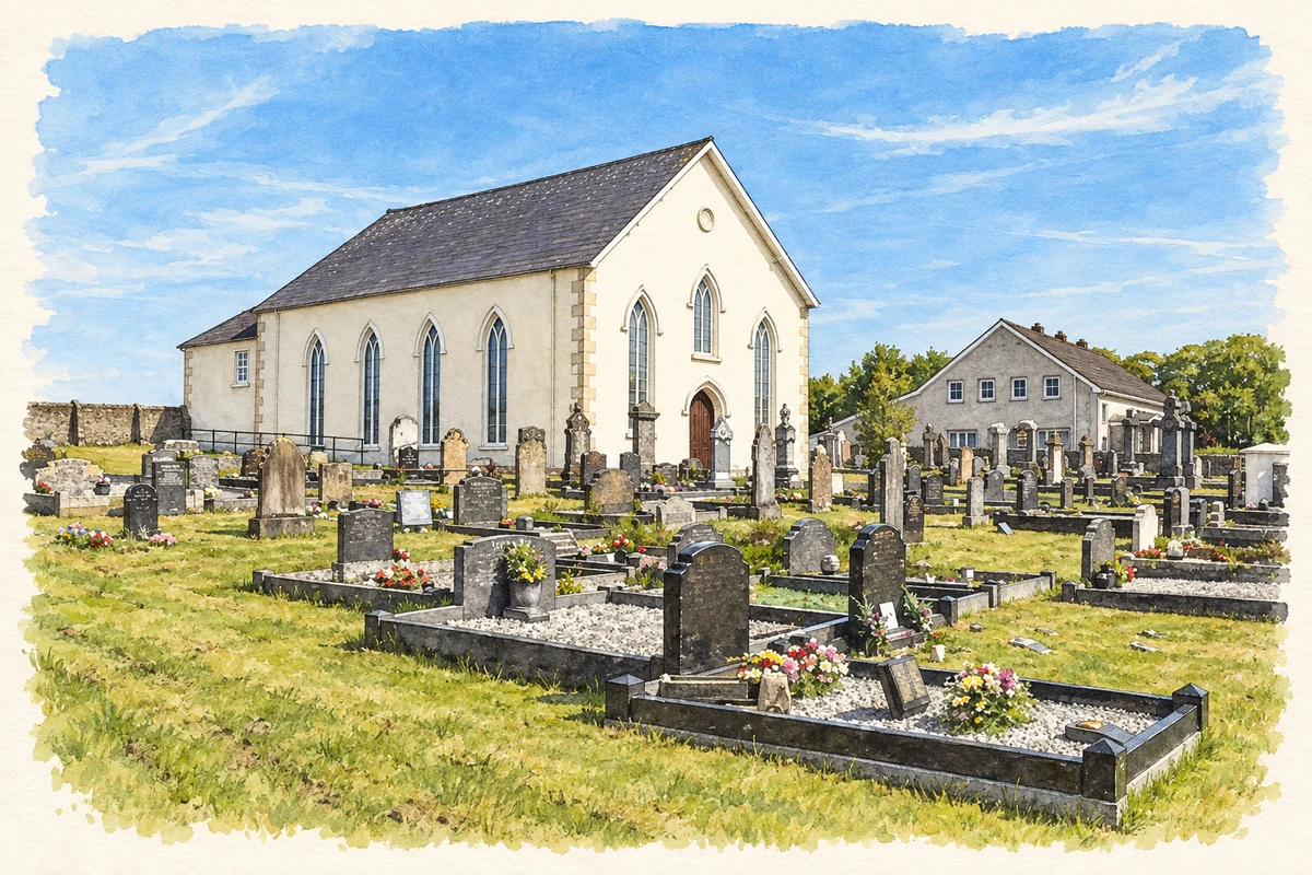 Watercolour and fine ink illustration of Ramoan Presbyterian Church at Moyarget, as photographed in May 2023.