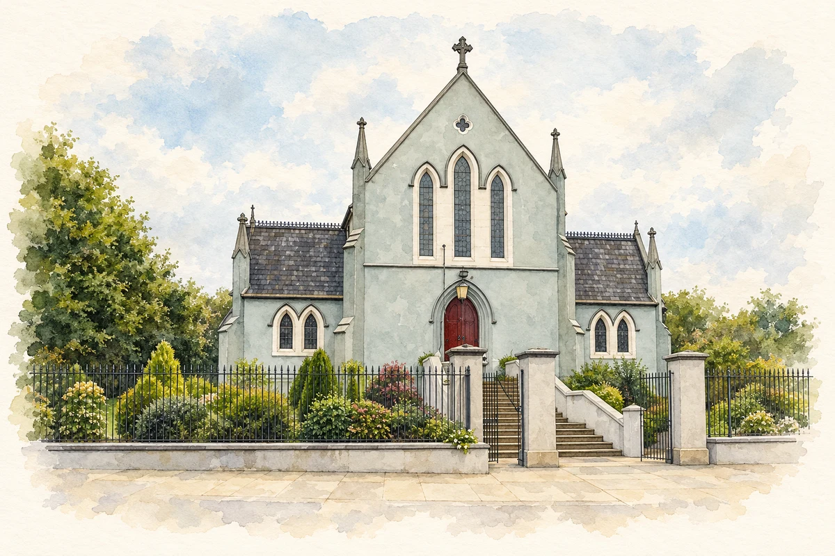 Watercolour and fine ink illustration of Saint Mary's Catholic Church, Castleblayney.