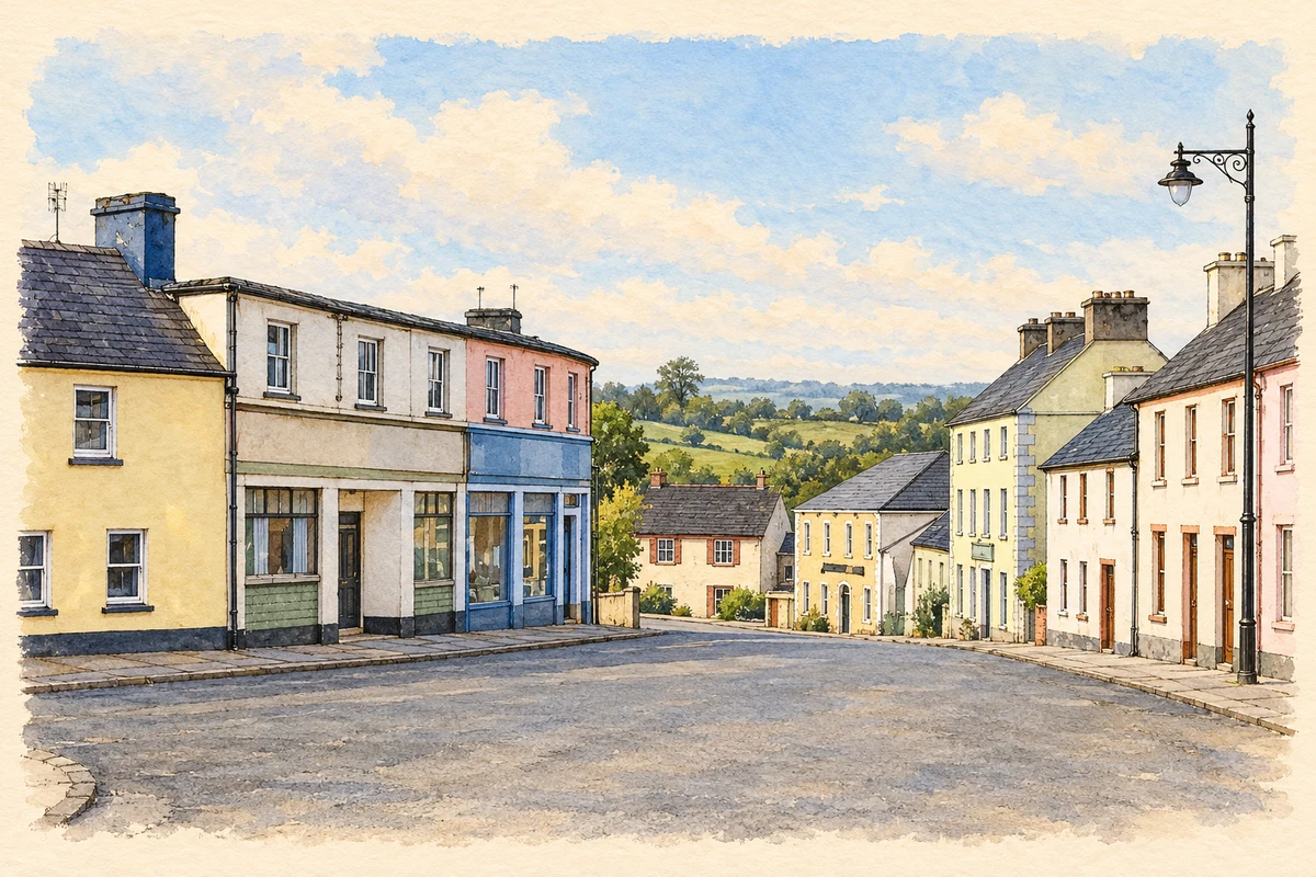 Watercolour and fine ink illustration of Main Street, Ballyfarnon.