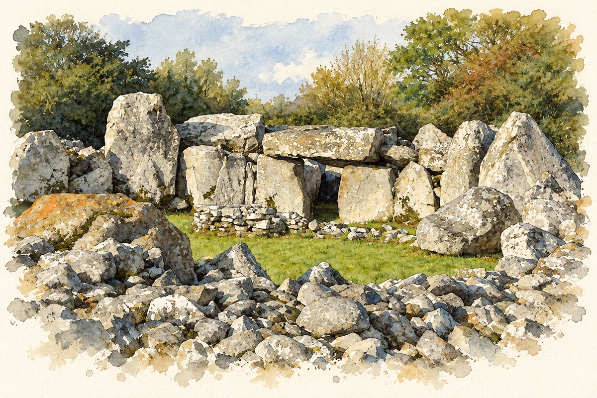 Watercolour and fine ink illustration of Entrance chamber at Creevykeel Court Tomb, near Cliffoney.