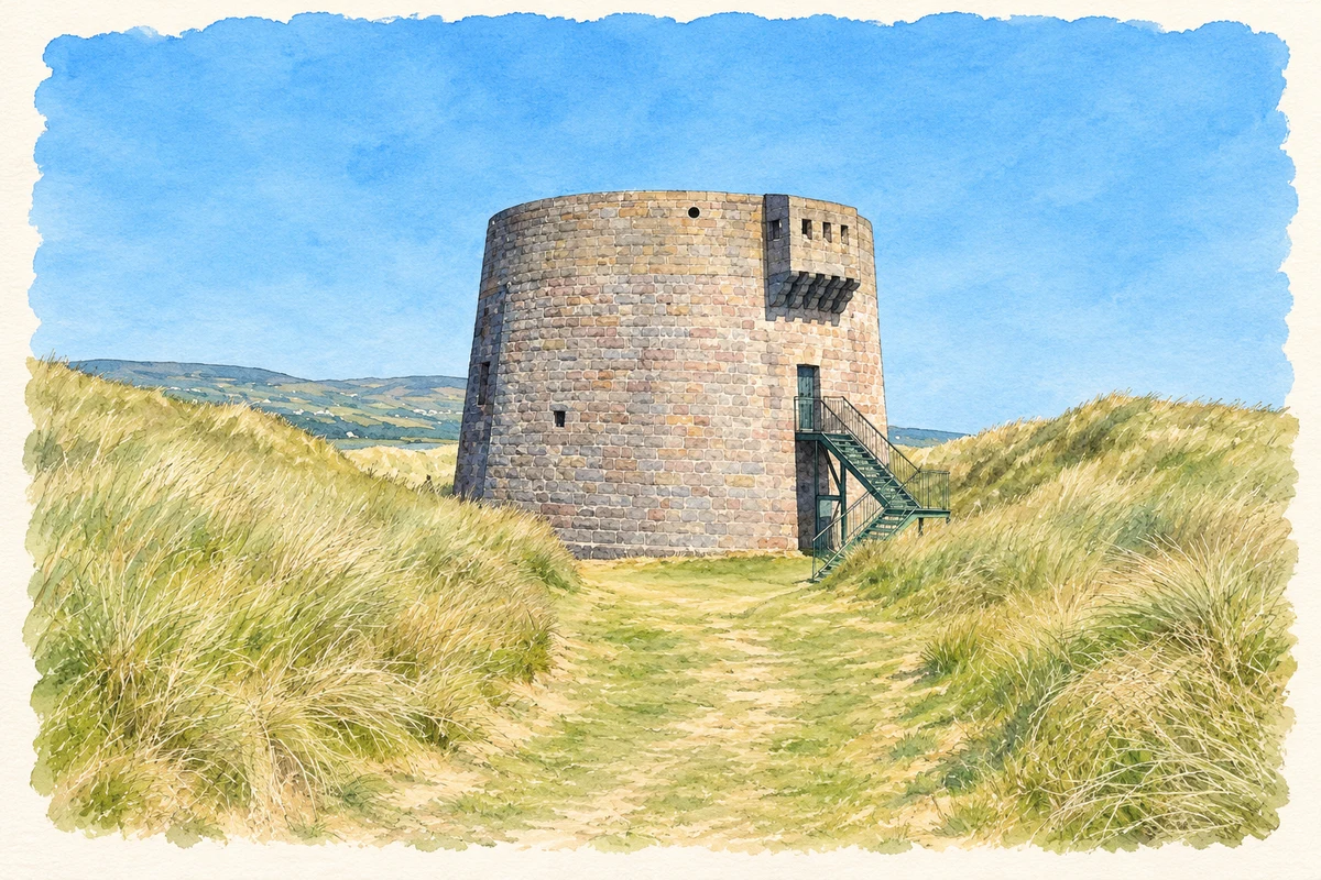 Watercolour and fine ink illustration of The Martello tower at Magilligan Point, as photographed in June 2018.