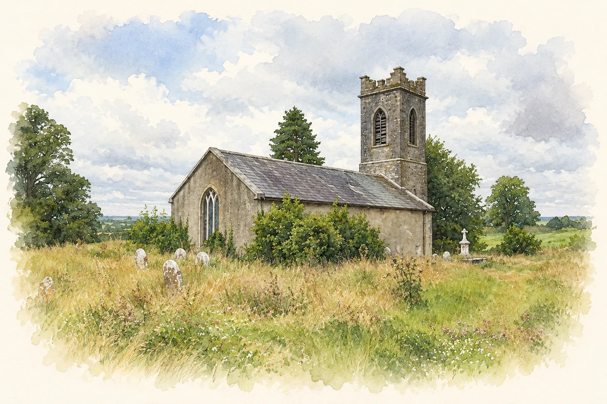 Watercolour and fine ink illustration of Horseleap Church of Ireland church, as photographed in 2011.