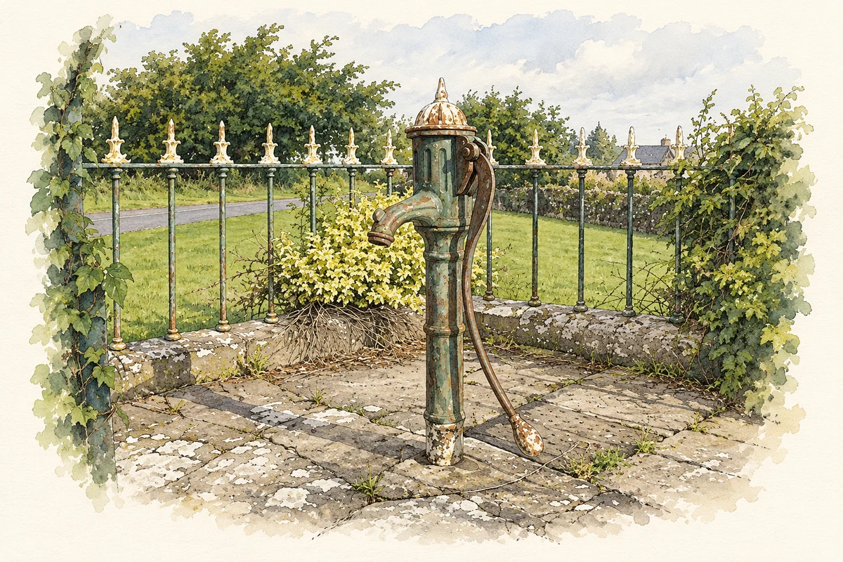 Watercolour and fine ink illustration of Old water pump at Gaybrook Crossroads, as photographed in 2008.