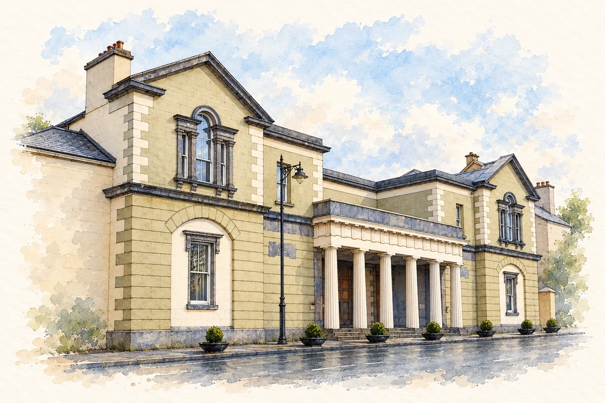 Watercolour and fine ink illustration of Castlebar Courthouse, County Mayo in Castlebar.