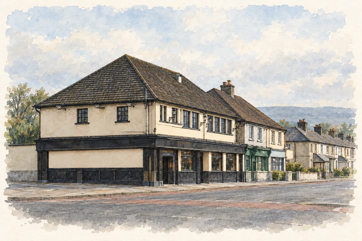 Watercolour and fine ink illustration of The Bottle Tower pub, Churchtown, Dublin.