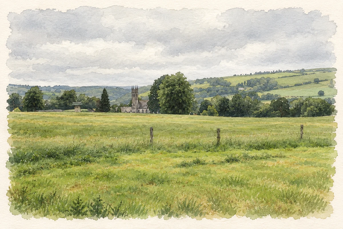 Watercolour and fine ink illustration of Glencairn Abbey and the Blackwater Valley, County Waterford.