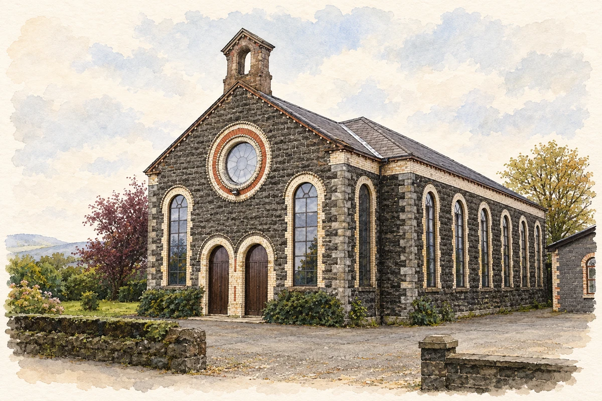 Watercolour and fine ink illustration of Hyde Park Presbyterian Church, Mallusk Road, County Antrim.