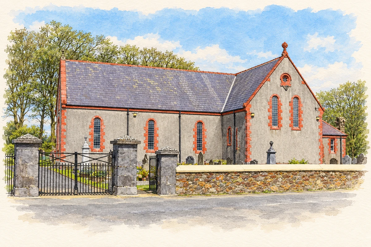 Watercolour and fine ink illustration of Church of the Immaculate Conception, Fenor, as photographed in 2013.