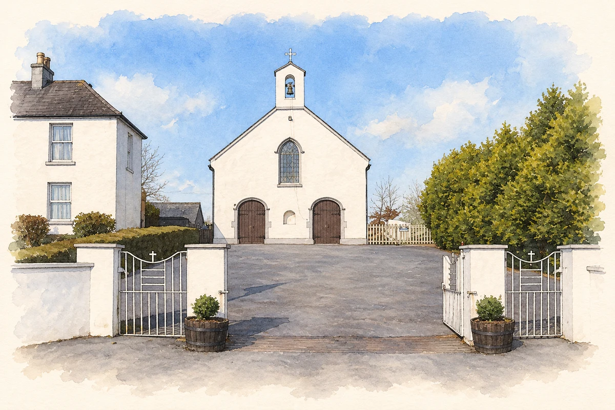 Watercolour and fine ink illustration of Catholic church at Gattabaun, as photographed in 2011.