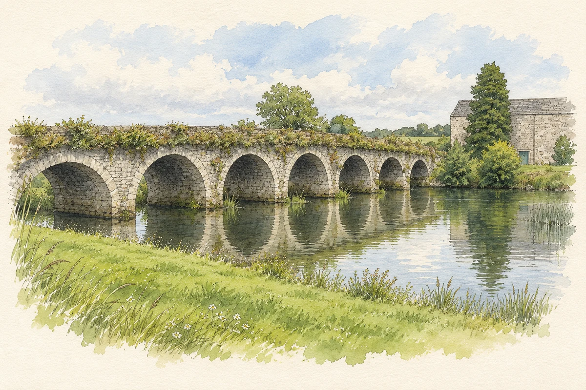 Watercolour and fine ink illustration of Gore’s Bridge over the River Barrow in Goresbridge.