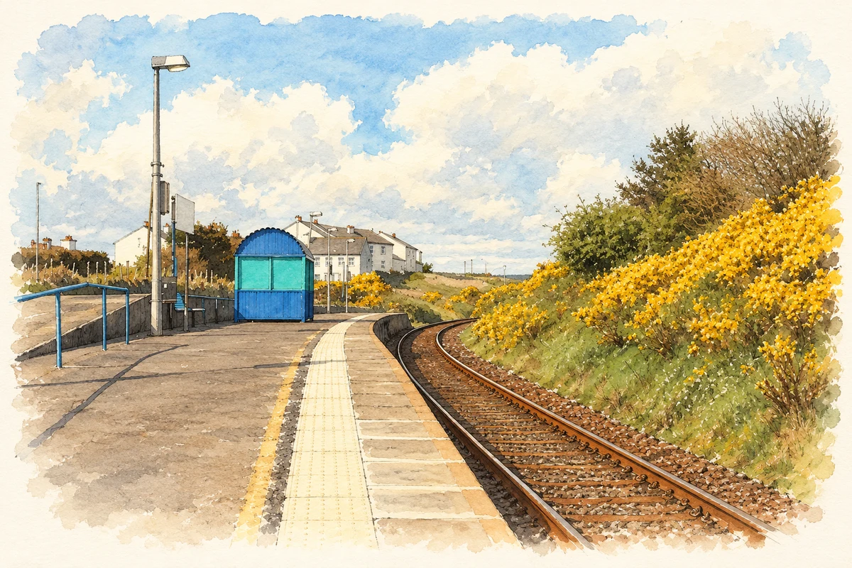 Watercolour and fine ink illustration of Dhu Varren railway halt, as photographed in 2008.