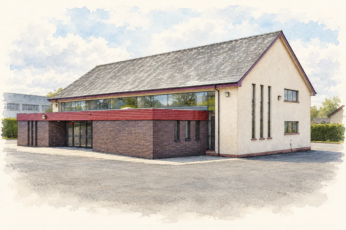 Watercolour and fine ink illustration of Harryville Gospel Hall on Larne Road, as photographed in 2013.