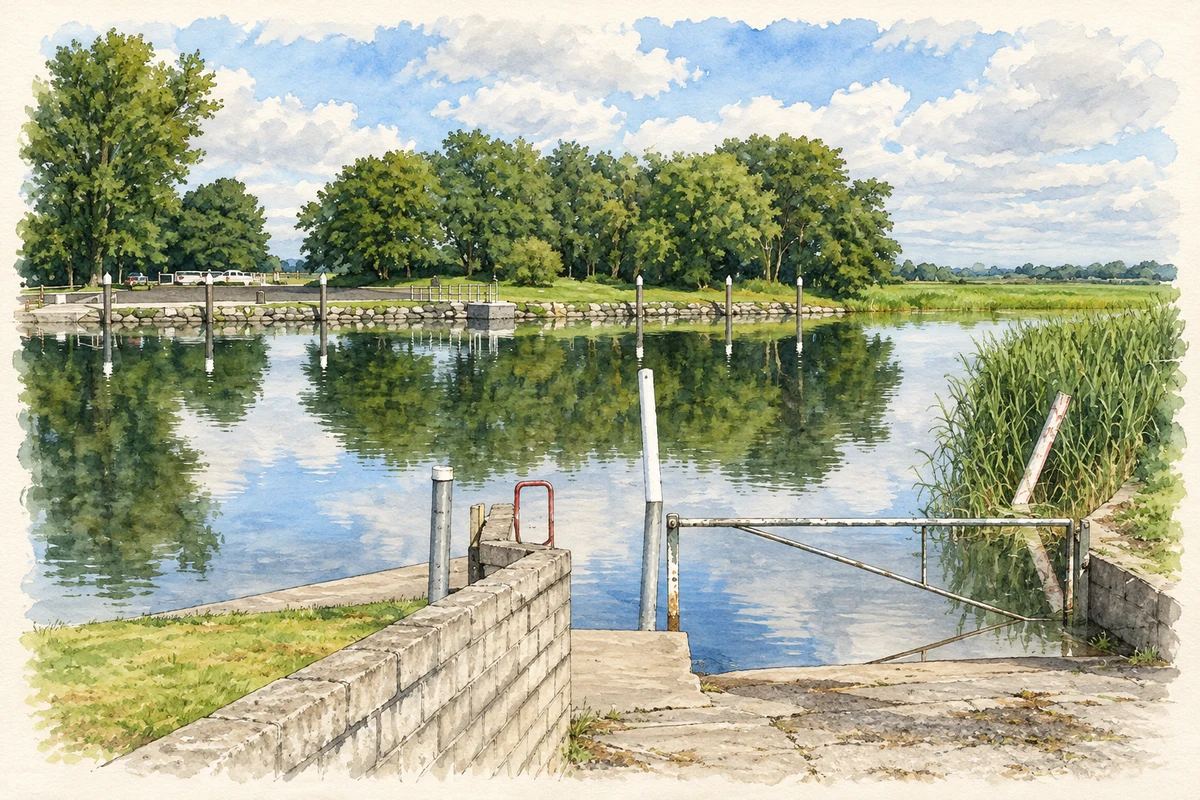 Watercolour and fine ink illustration of The River Bann slipway at Newferry, as photographed in July 2007.