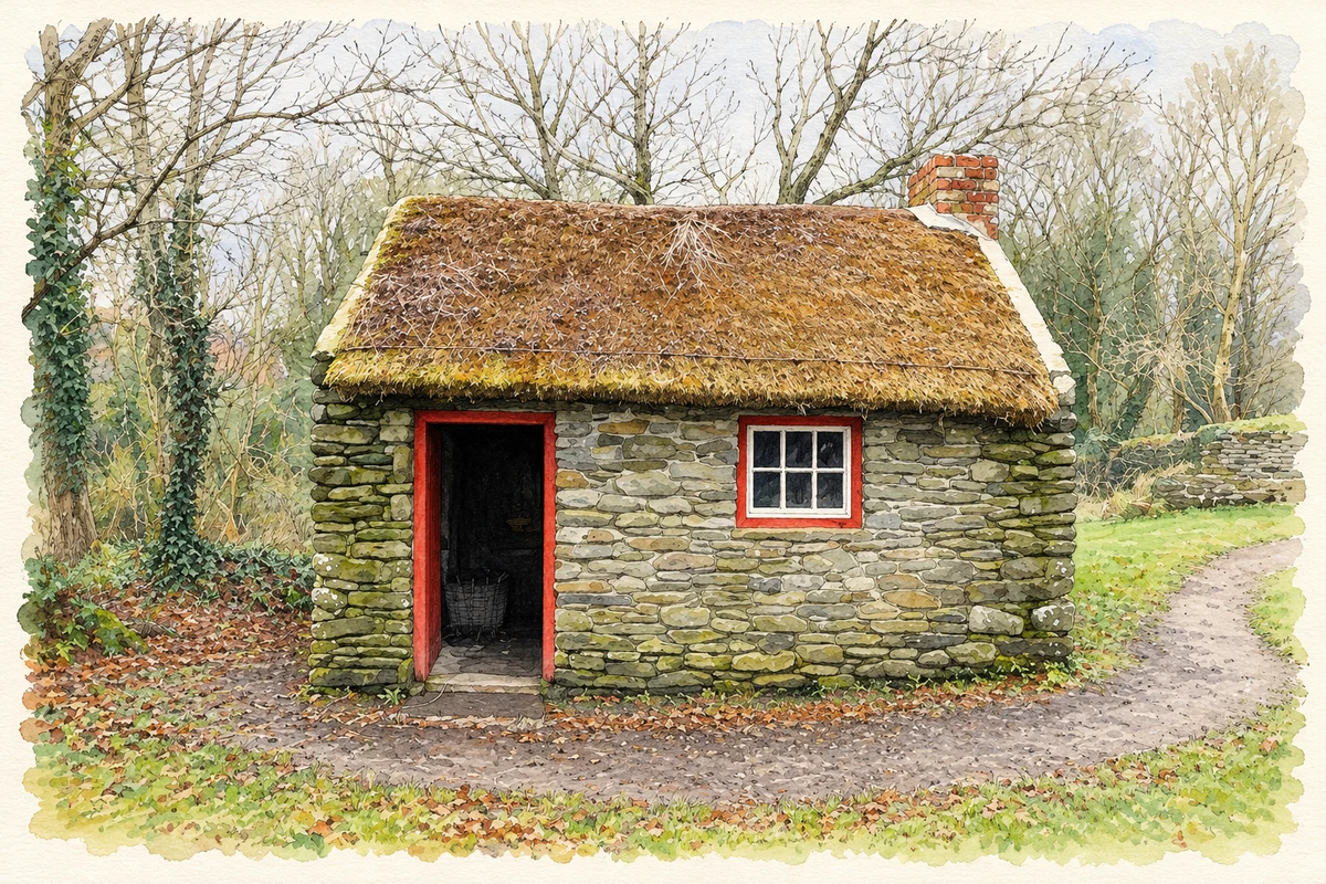 Watercolour and fine ink illustration of Meenagarragh Cottier's House at the Ulster Folk Museum, Cultra, County Down.