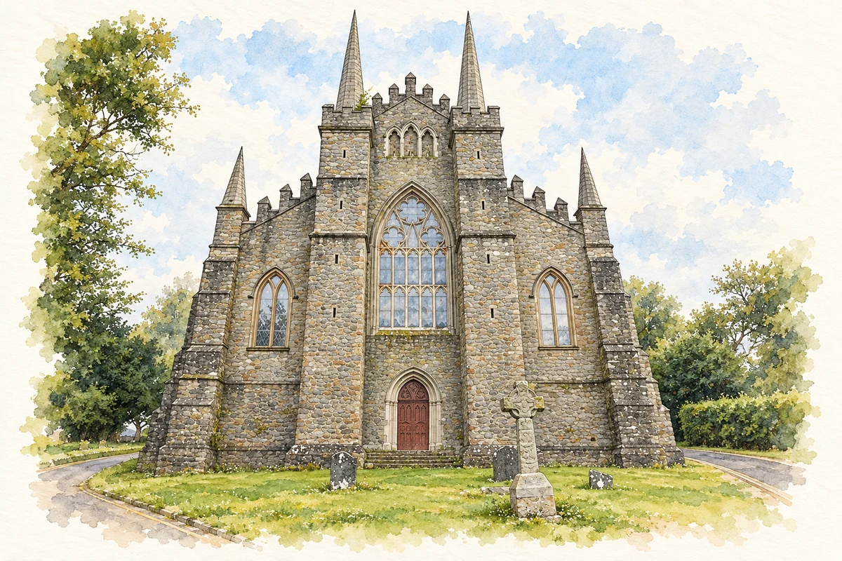 Watercolour and fine ink illustration of Down Cathedral, Downpatrick, County Down in Downpatrick.