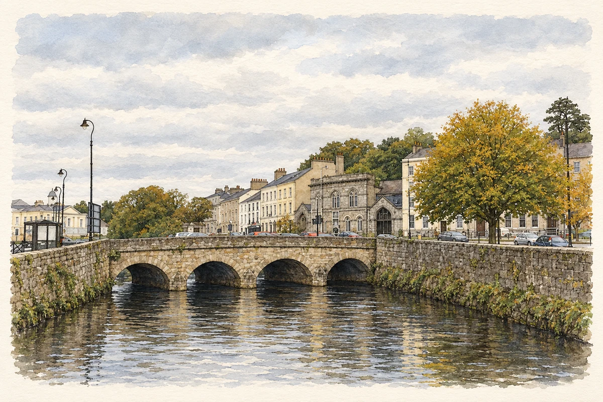 Watercolour and fine ink illustration of Sugar Island Bridge over the Clanrye River in Newry, as photographed in September 2012.