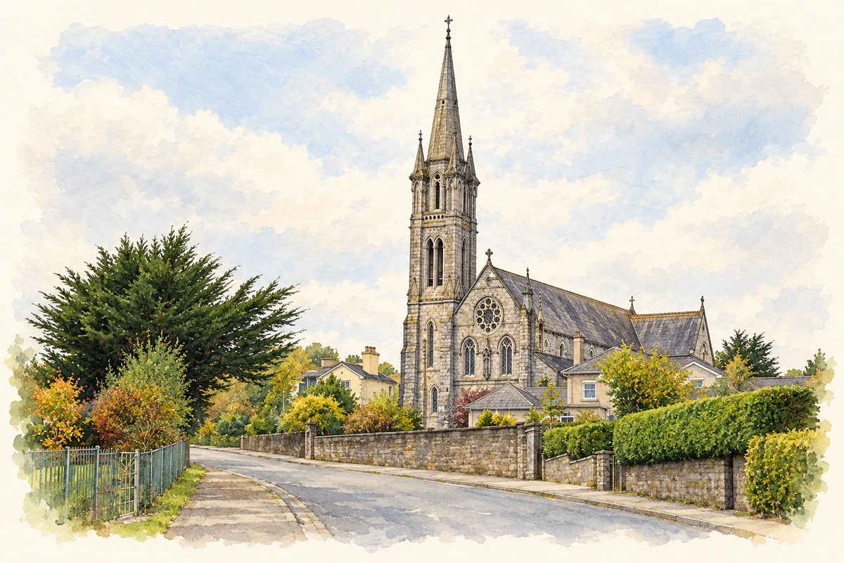 Watercolour and fine ink illustration of Holy Cross Church, Charleville, County Cork.