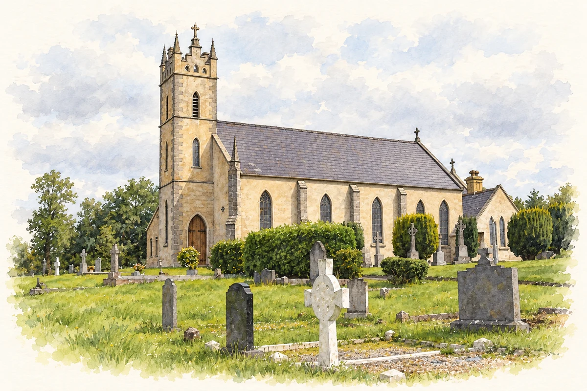 Watercolour and fine ink illustration of St Mary's Church, Arney, County Fermanagh.