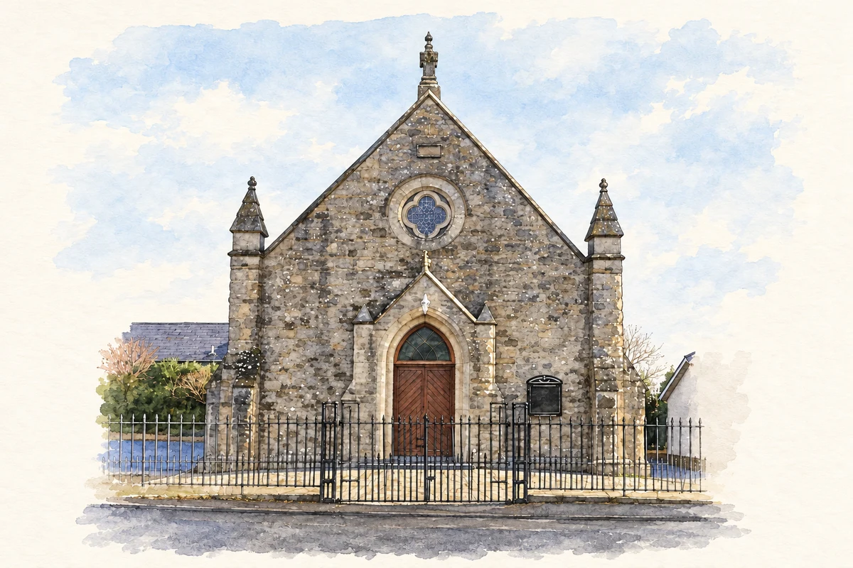 Watercolour and fine ink illustration of Laghey Methodist Church at Laghey Corner, as photographed in 2006.