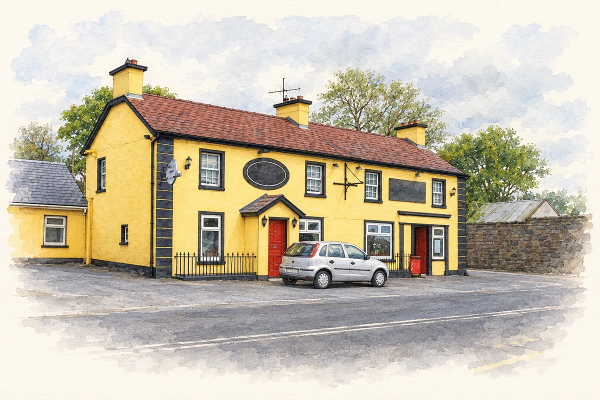 Watercolour and fine ink illustration of Reardon’s pub at Holycross, County Limerick, as photographed in 2013.