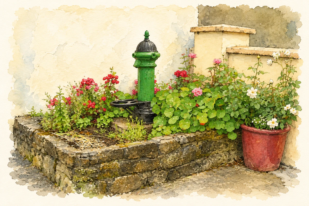 Watercolour and fine ink illustration of Village pump, Old Pallas.