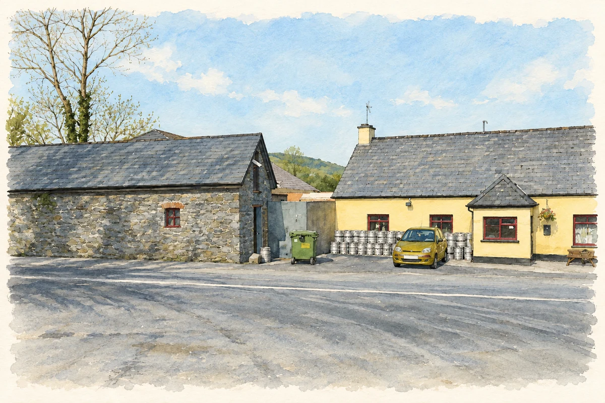 Watercolour and fine ink illustration of A pub at New Pallasgreen, County Limerick, as photographed in April 2010.