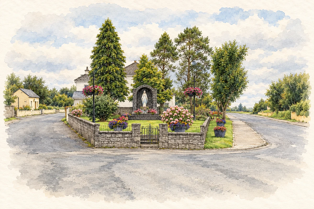 Watercolour and fine ink illustration of Roadside Marian shrine, Patrickswell.