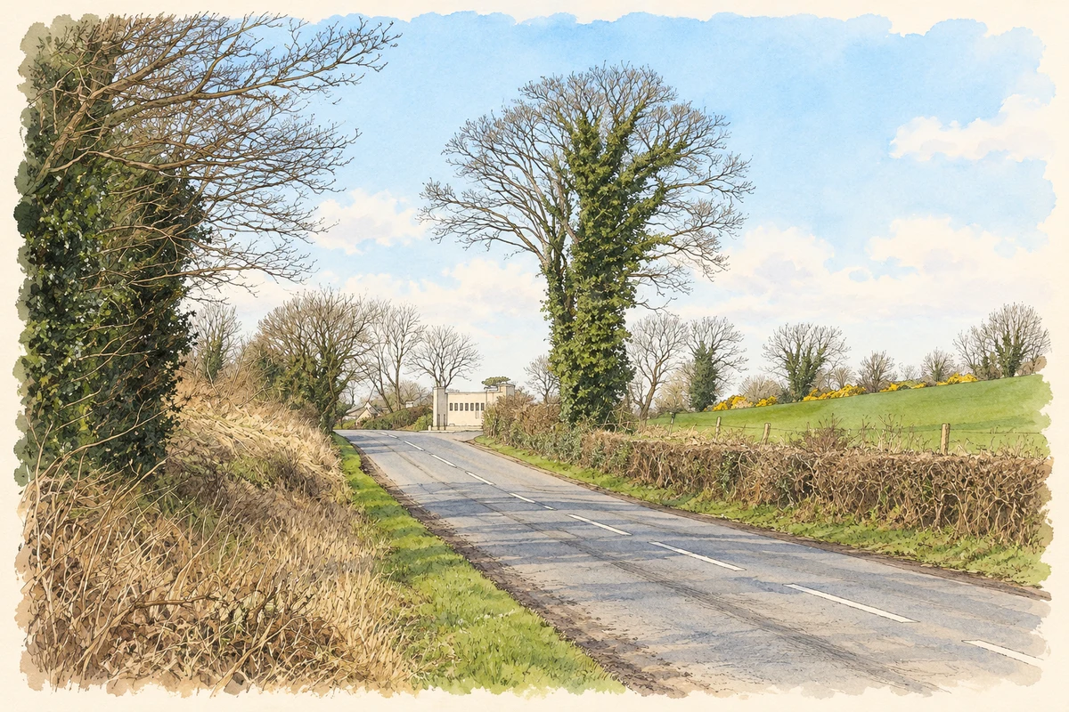 Watercolour and fine ink illustration of Kingsmill Road approaching the memorial near Kingmills, as photographed in 2017.