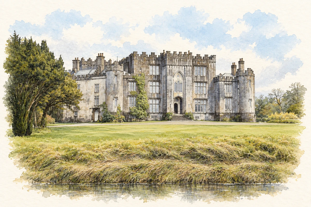 Watercolour and fine ink illustration of Birr Castle, County Offaly in Birr or Parsonstown.