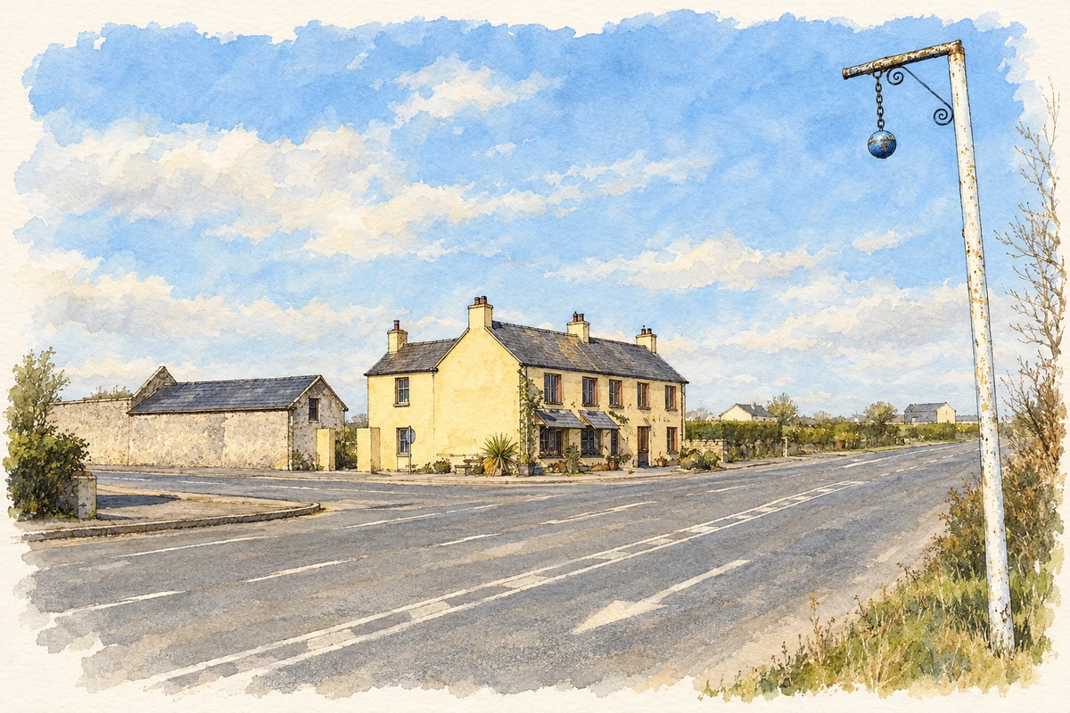 Watercolour and fine ink illustration of The blue ball and village pub, Blue Ball, County Offaly.