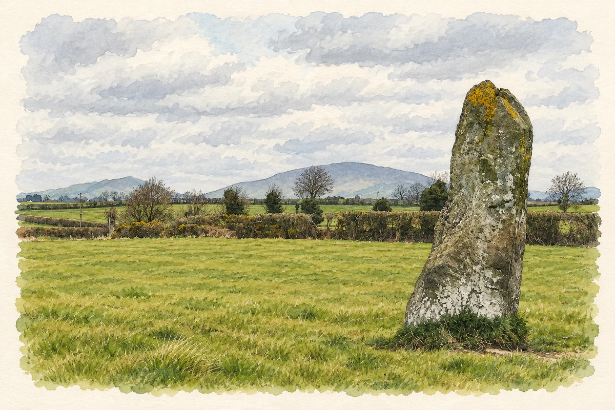 Watercolour and fine ink illustration of Clochafarmore standing stone, near Knockbridge.
