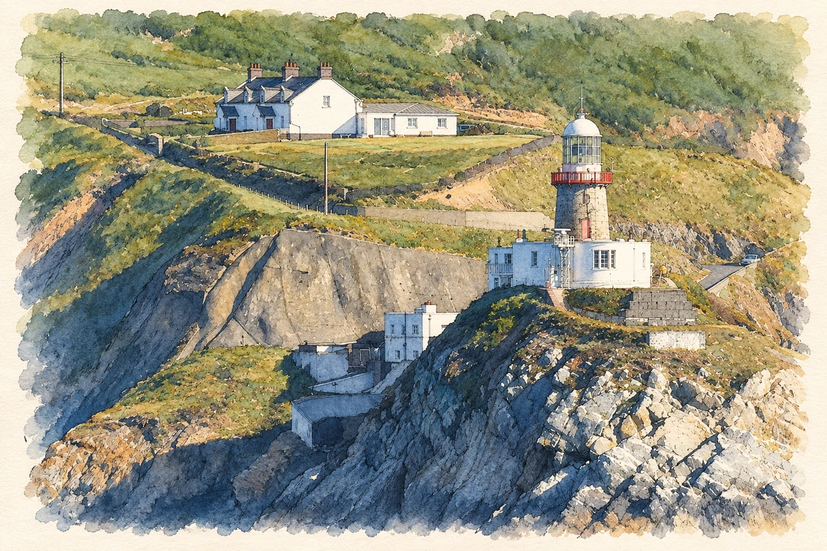 Watercolour and fine ink illustration of Baily Lighthouse on Howth Head, Dublin.