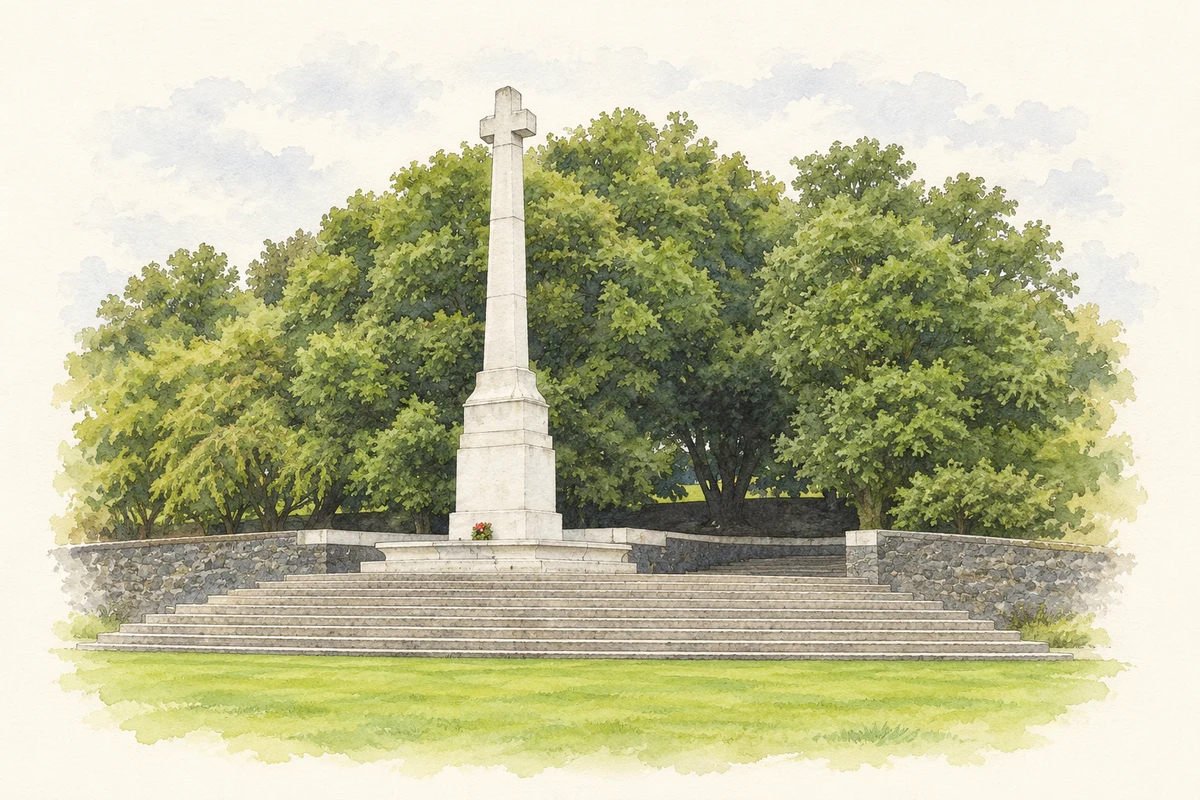 Watercolour and fine ink illustration of The memorial cross at Islandbridge, as photographed in 2018.