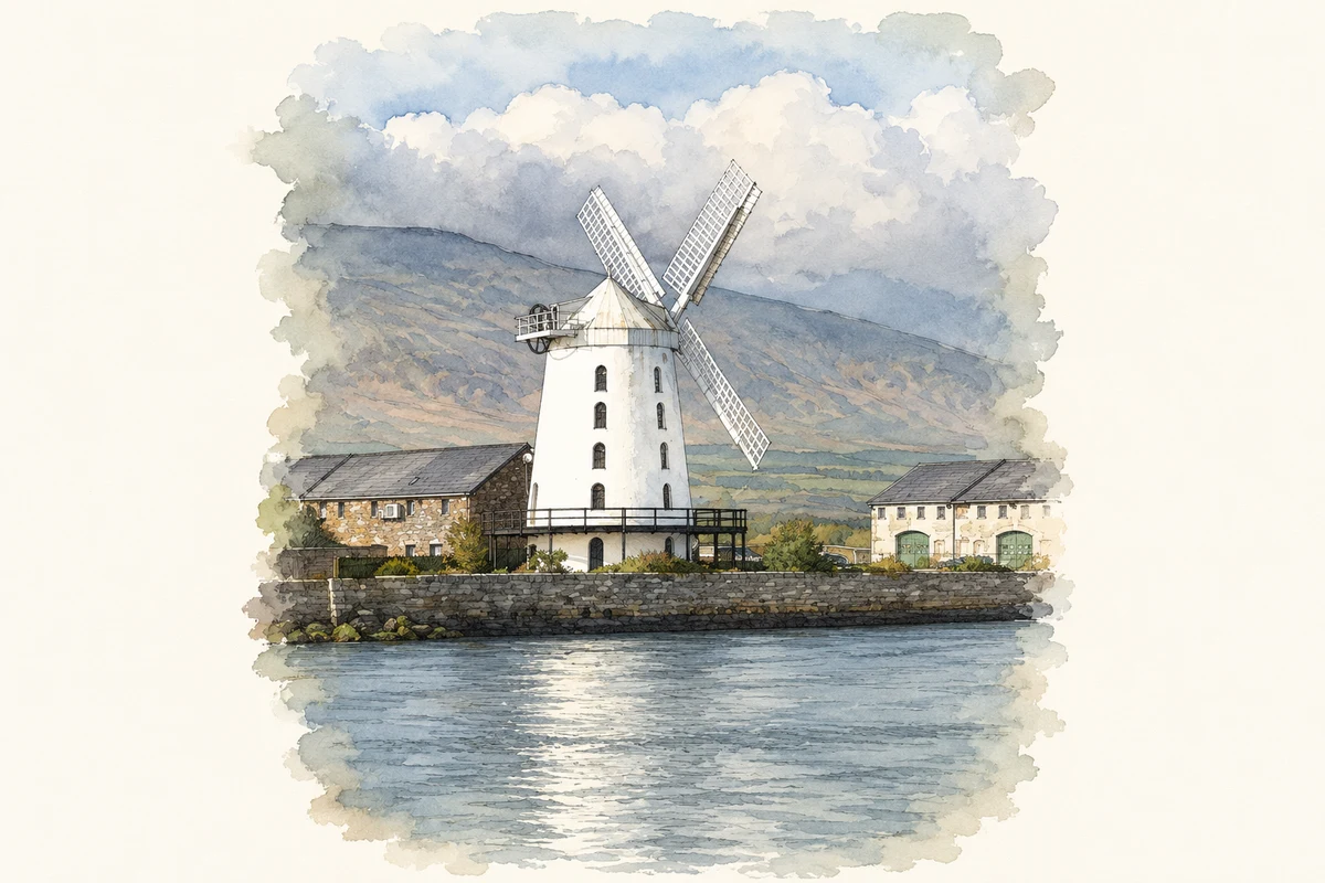Watercolour and fine ink illustration of Blennerville Windmill, County Kerry.