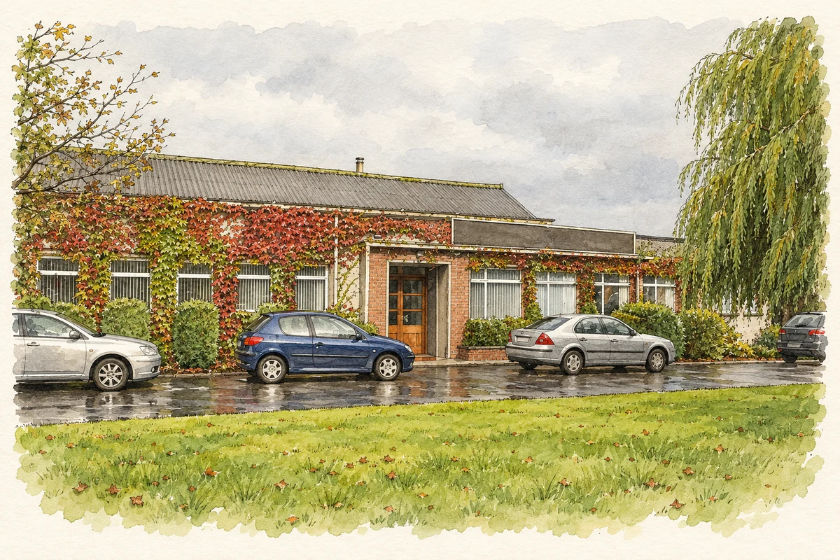Watercolour and fine ink illustration of Peterson House on Pearse Street, Sallynoggin, as photographed in September 2006.