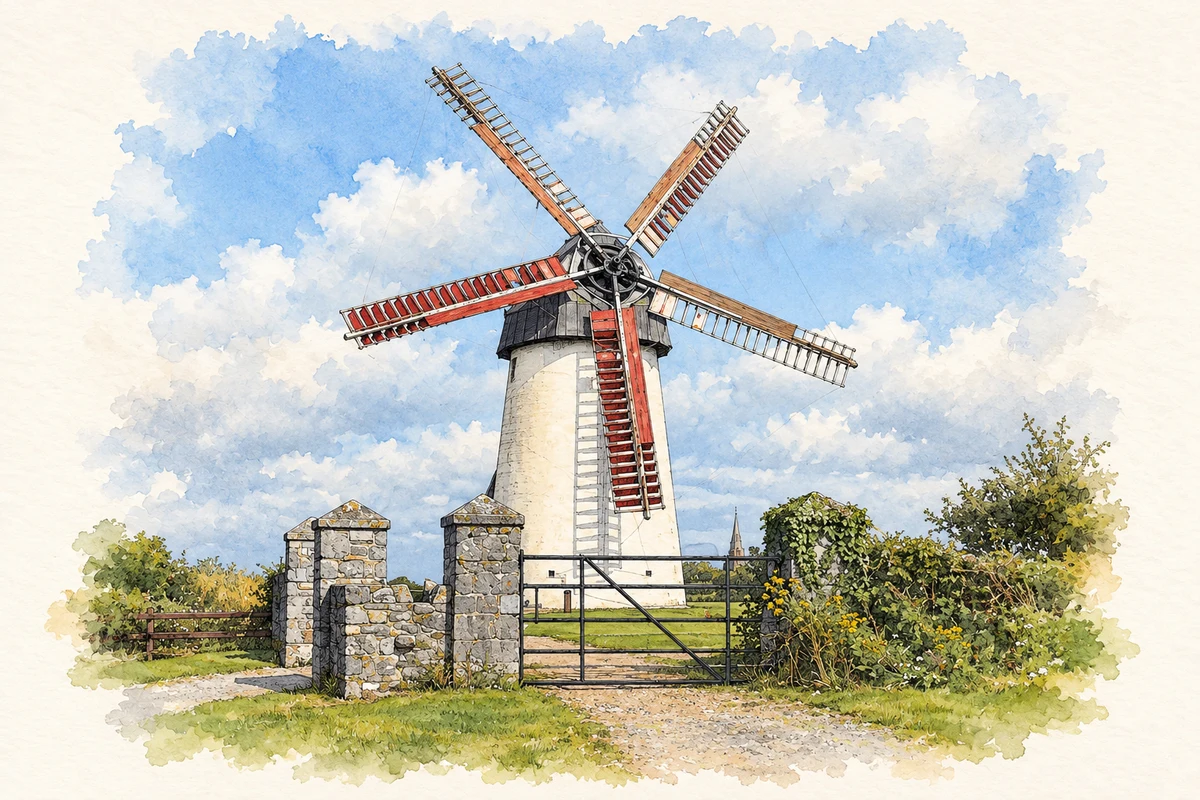 Watercolour and fine ink illustration of Restored Great Windmill, Skerries Mills, County Dublin in Skerries.