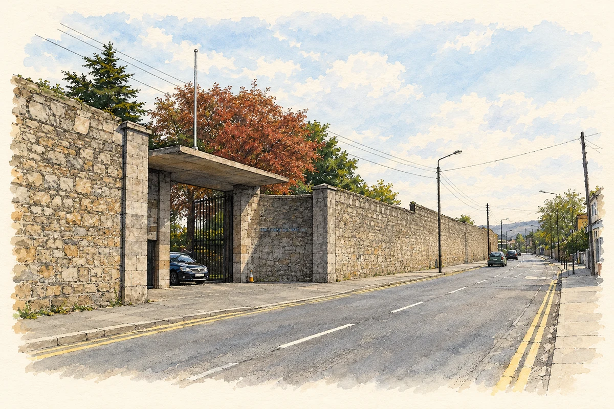 Watercolour and fine ink illustration of The Dundrum Road entrance to the Central Mental Hospital at Windy Arbour, as photographed in April 2007.