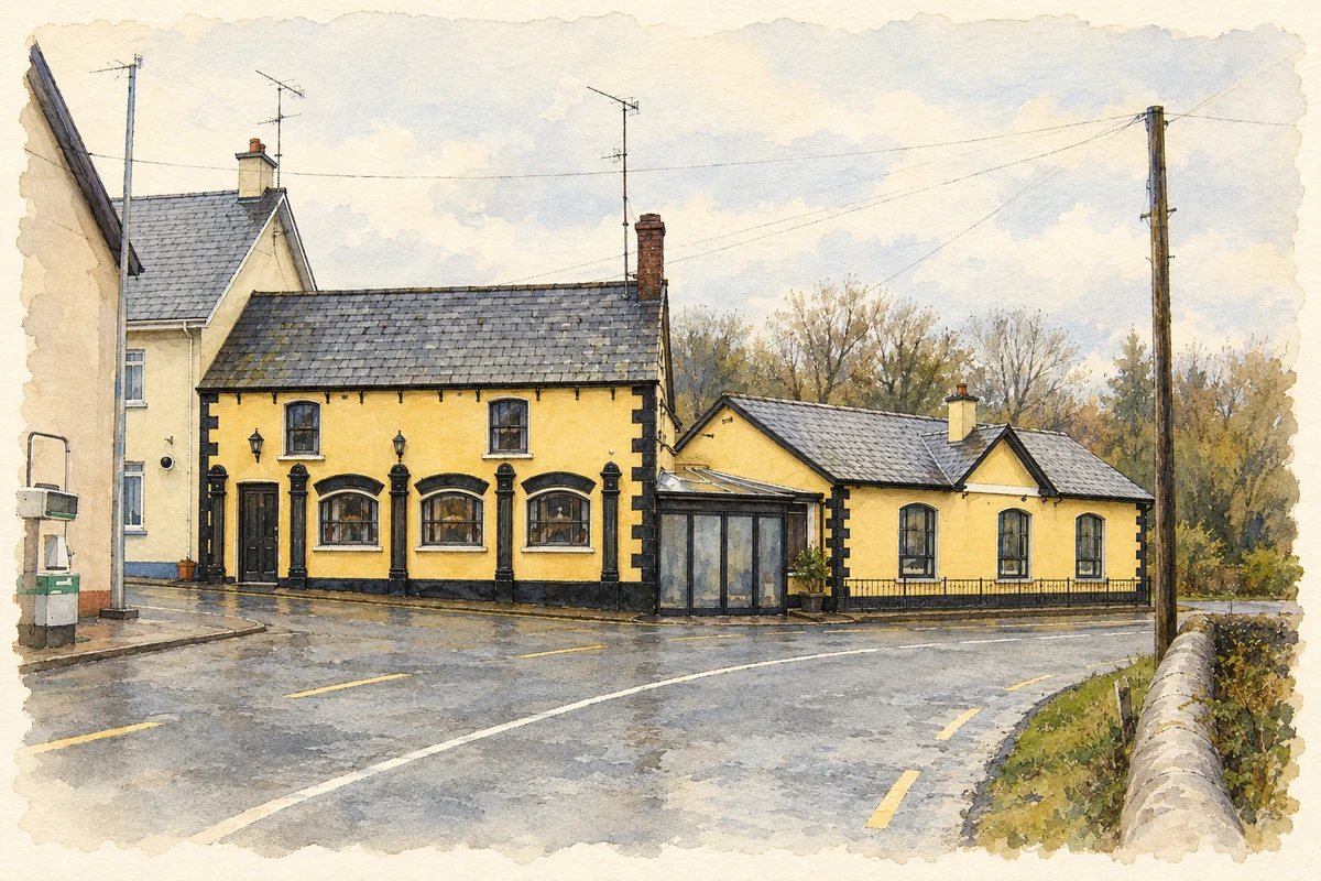 Watercolour and fine ink illustration of The Bridge Tavern, Canningstown, County Cavan.