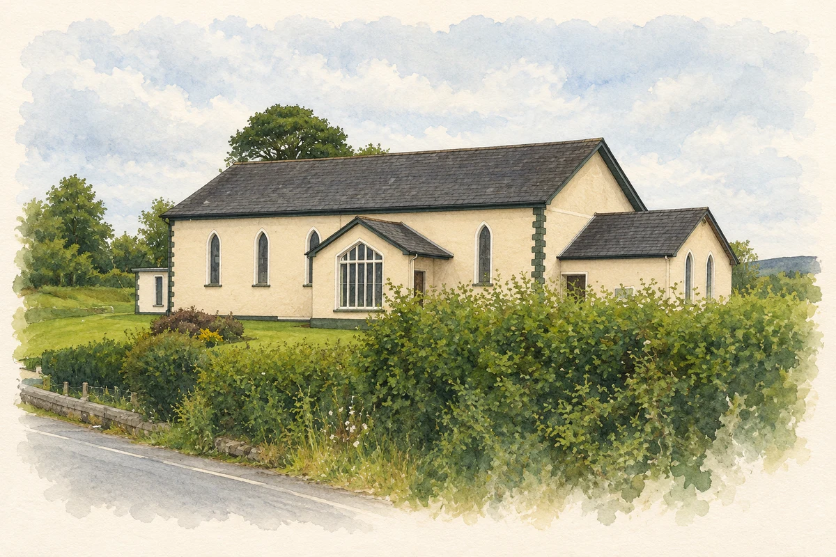 Watercolour and fine ink illustration of Saint Patrick’s Church near Glangevlin, as photographed in 2011.