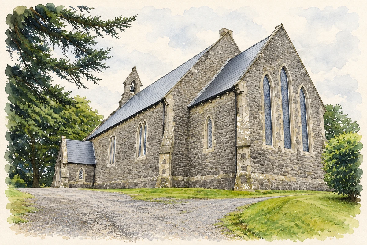 Watercolour and fine ink illustration of Saint Mark’s Church at Kill, as photographed in 2012.
