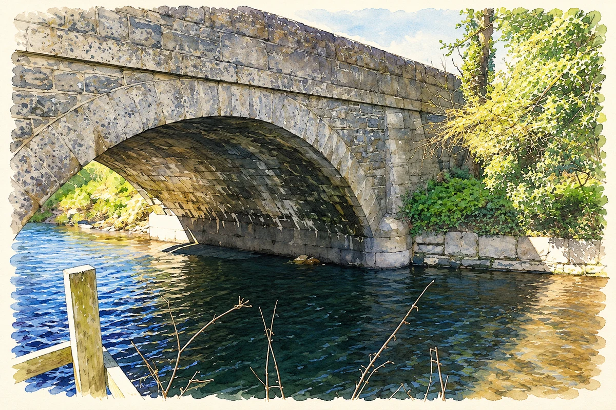 Watercolour and fine ink illustration of River Erne bridge near Loughduff, as photographed in April 2011.